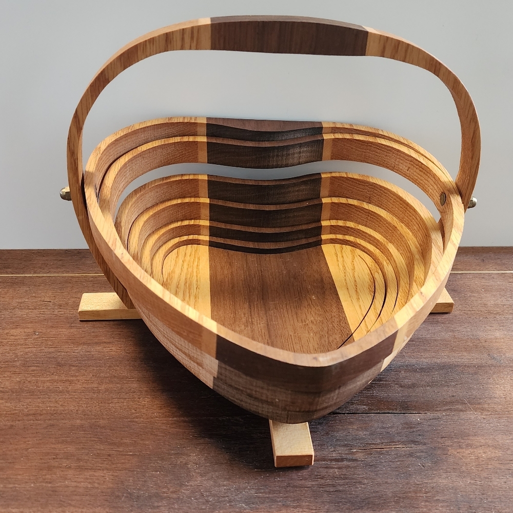 Handmade Vintage Heart Suspended Spiral Wood Folding Basket, Spring Folk Art